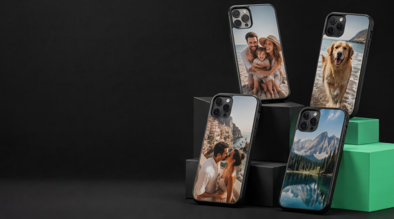 Cover personalizzate con foto di famiglia, un cane, una coppia e un viaggio in montagna